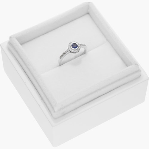 Pierścionek zaręczynowy SAVICKI: białe złoto, niebieski szafir